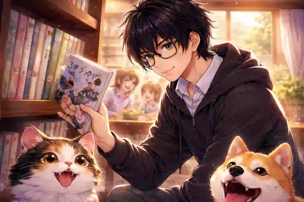 本棚から漫画を取り出す青年のイメージ