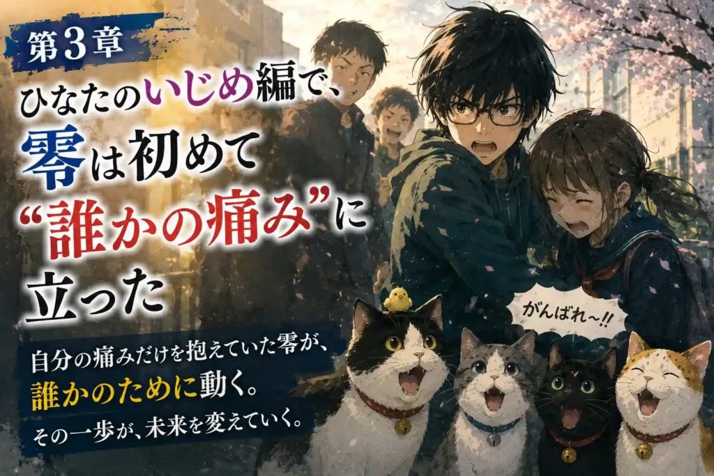 『3月のライオン』第3章アイキャッチ。ひなたのいじめ編で零が誰かの痛みに立とうとする場面を描いたイラスト