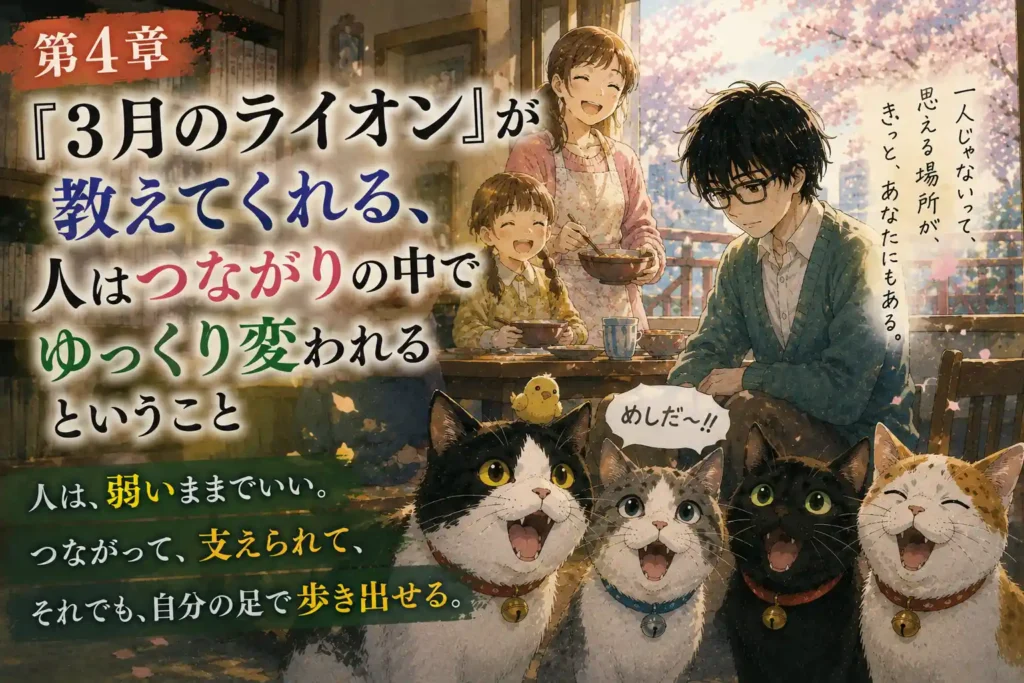 『3月のライオン』第4章アイキャッチ。川本家の食卓と零、にゃーたちを通して人とのつながりを表したイラスト