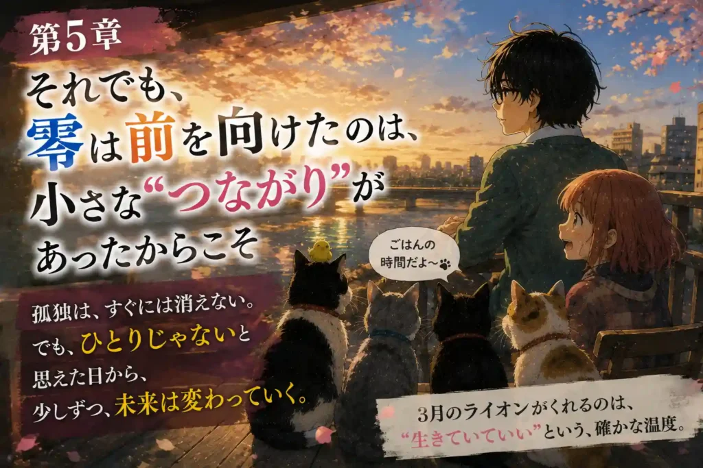 『3月のライオン』第5章アイキャッチ。夕暮れの川辺で零とひなた、にゃーたちが前を向くまとめ章のイラスト
