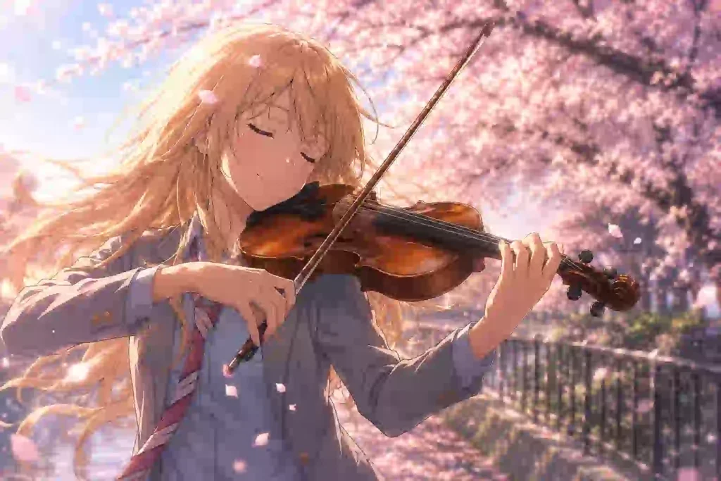 桜並木の中で楽しそうにバイオリンを弾く少女