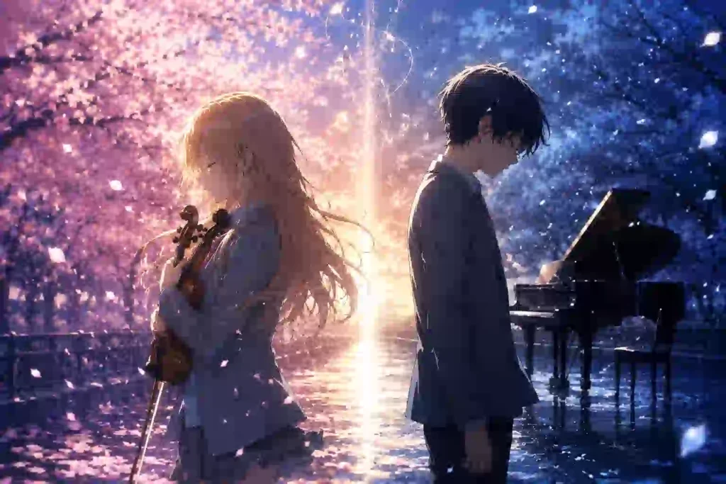 桜の春と青い冬の境目で背中合わせに立つ少年と少女