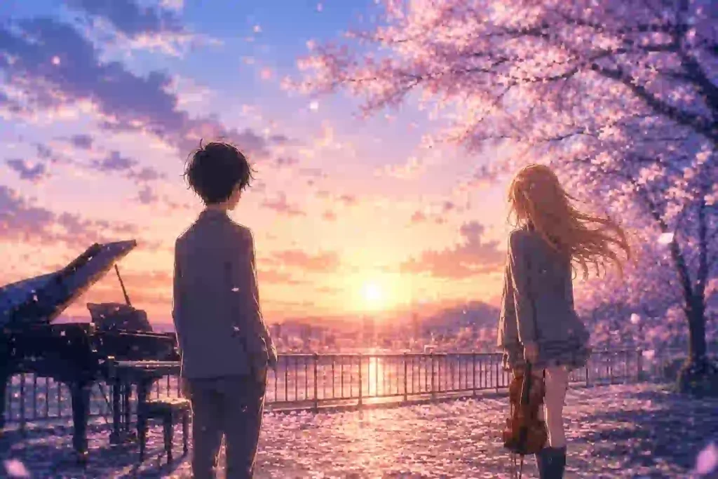 夕暮れの川沿いで桜を眺める少年とバイオリンケース