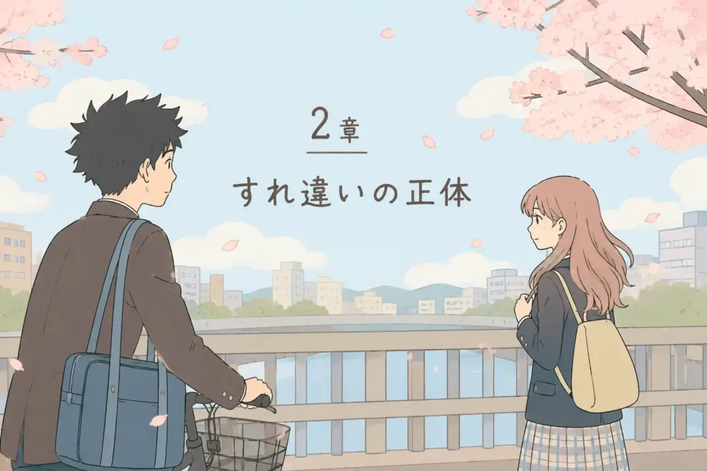 桜の下の橋で向かい合う少年と少女のフラットイラスト。将也が硝子に会いに行く再会の場面を表した画像