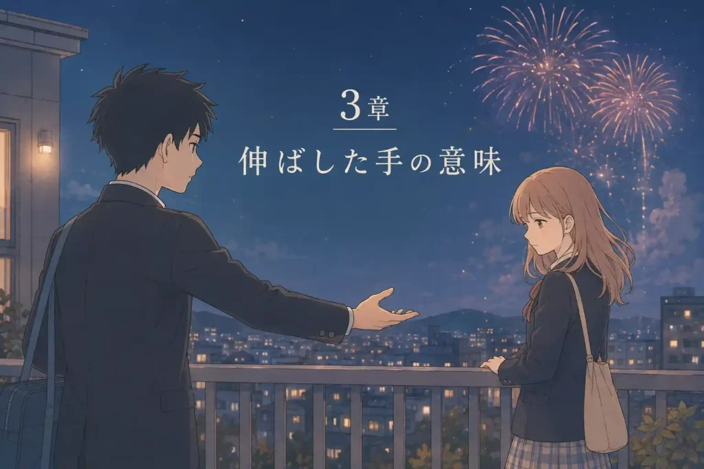 夜空と花火の下で手を伸ばす少年少女のフラットイラスト。硝子の飛び降りと将也が掴みに行く場面を象徴した画像