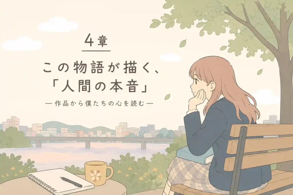 公園のベンチで一人考え込む少女のフラットイラスト。相手を思うほど自分を責めてしまう硝子の心理を表した画像