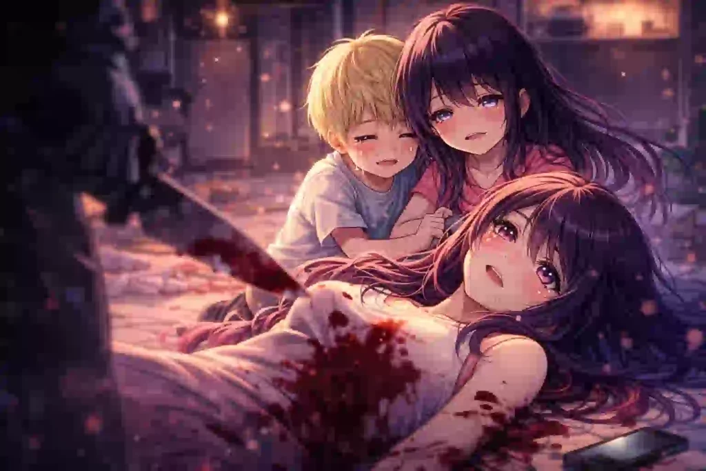 玄関で立ち止まり振り返るアイ