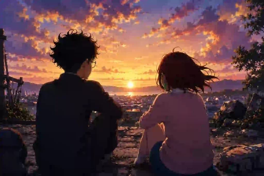 ダンダダン第1話ラストでモモとオカルンの距離が変わる夕暮れのイメージ width=