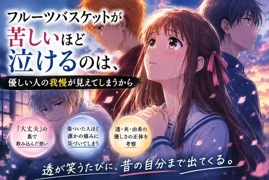 『フルーツバスケット』が苦しいほど泣ける理由を表すアイキャッチ。透・夾・由希の優しさの奥にある我慢を夕焼けの中で描いている
