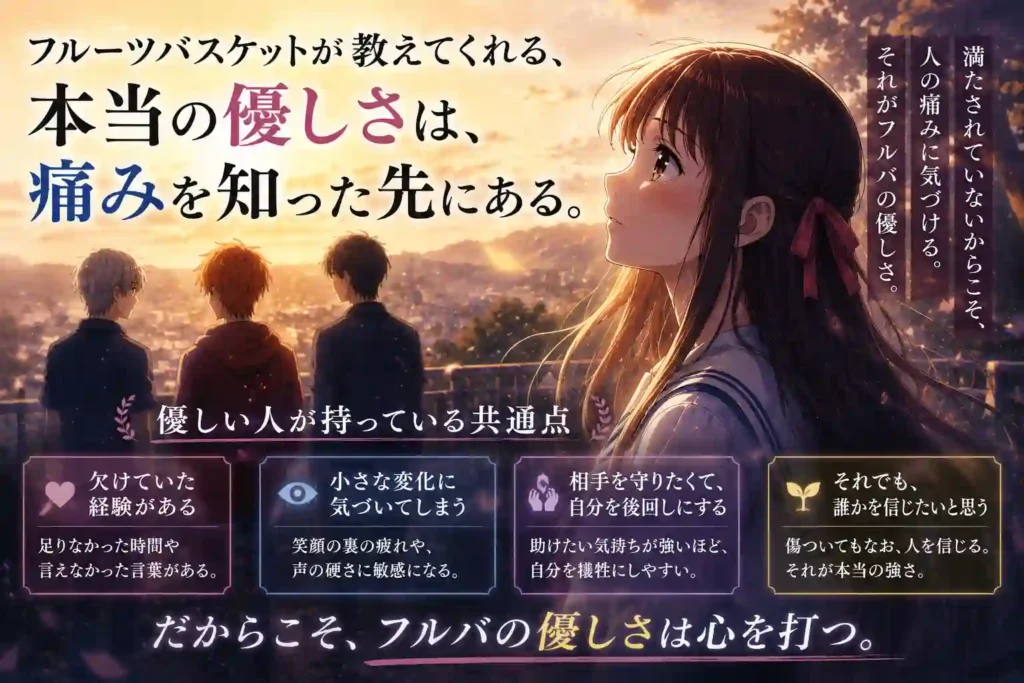 本当の優しさは痛みを知った先にあることを表すアイキャッチ。夕焼けの中で透たちが人の痛みに気づく理由を描いている