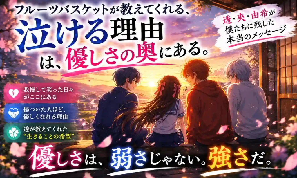 『フルーツバスケット』で泣ける人に向けたアイキャッチ。優しさは弱さではなく強さだという読後のメッセージを描いている