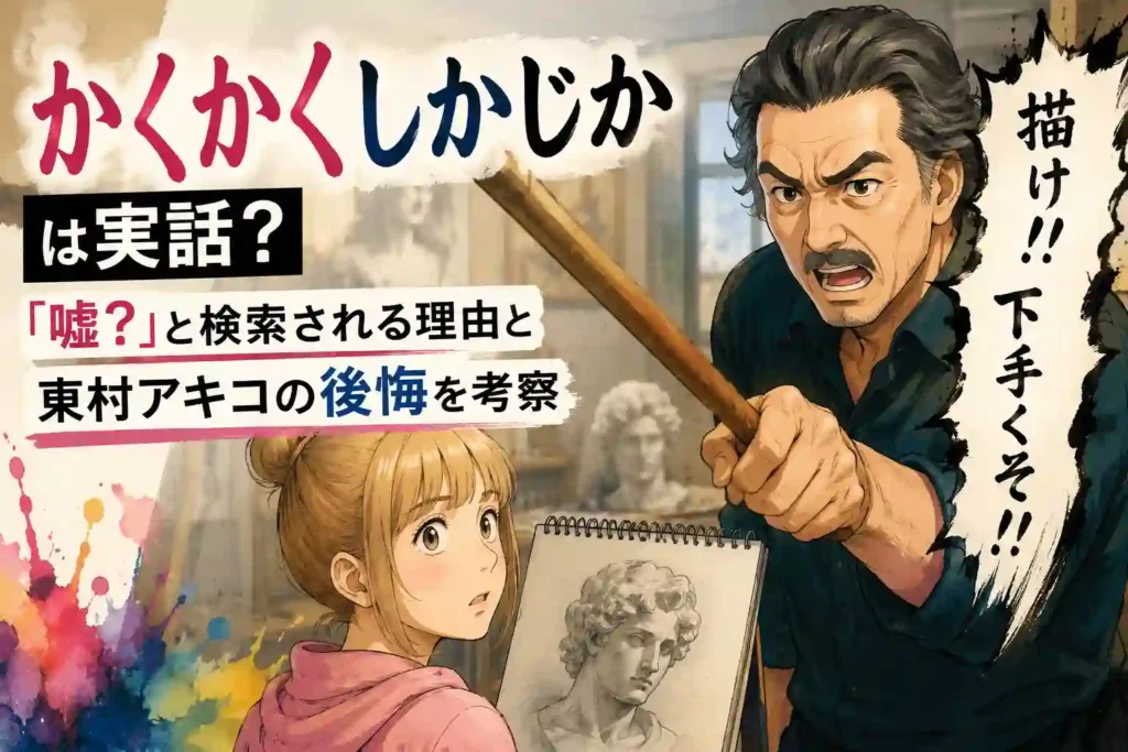 『かくかくしかじか』が実話なのかをテーマに、絵画教室で先生と生徒が向き合う漫画風の画像