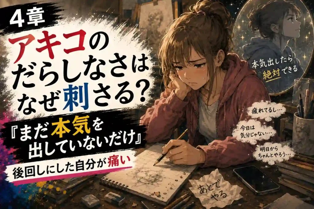 あとでやるという言い訳と向き合いながら机で絵を描く少女を描いた、アキコのだらしなさを表す画像