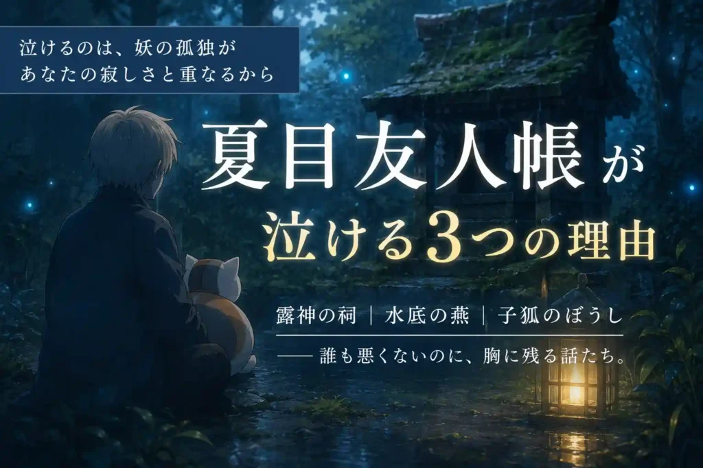 夕暮れの森の祠に立つ少年と、忘れられていく孤独を思わせる静かな風景