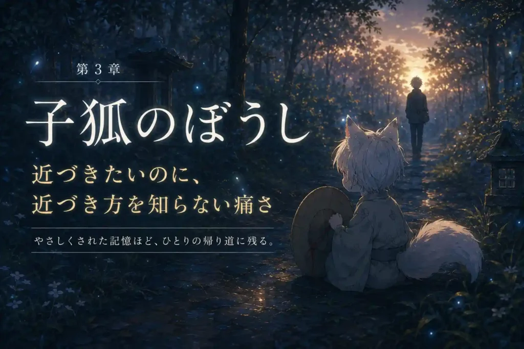 夕暮れの道をたどる子狐が、会いたい気持ちと心細さをにじませる情景