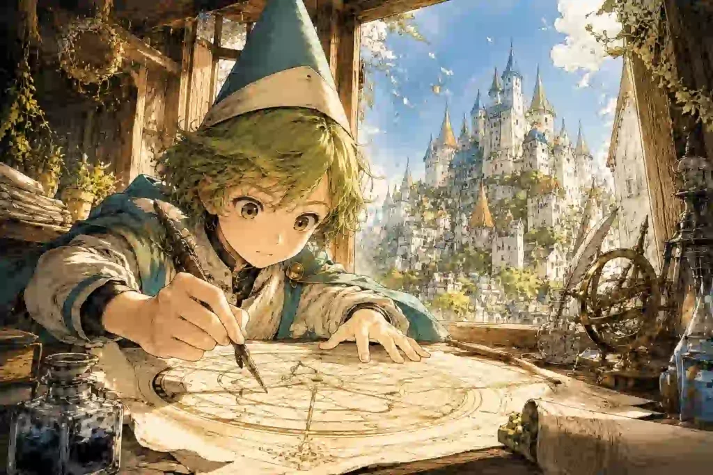 ココが魔法陣を描く第1話の緊張感をイメージしたファンタジー調のアイキャッチ画像