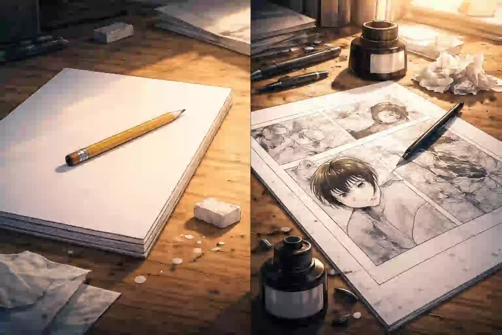 インクが乾いた原稿と白いメモ帳