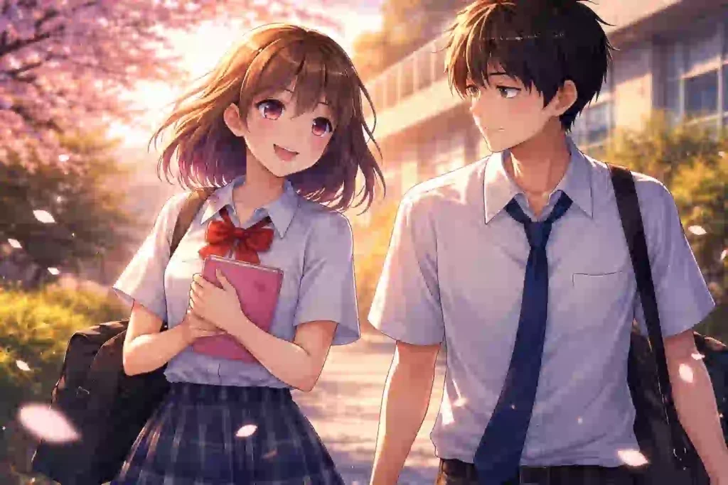 放課後の学校で並んで歩く高校生の二人