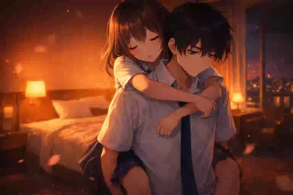 オレンジ色の照明の中で少女を背負う少年