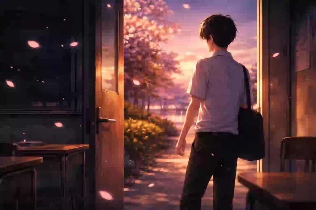 桜舞う夕暮れの校舎で立ち止まる少年