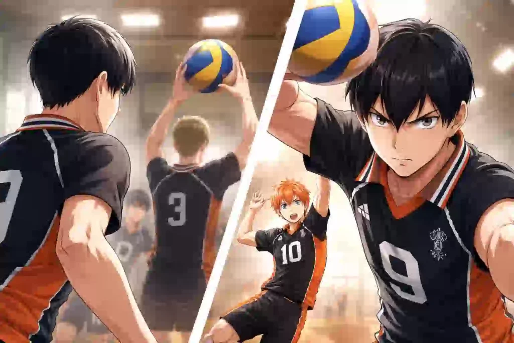 体育館のコートで、影山飛雄が厳しい表情でトスを上げ、日向翔陽が跳び込もうとしている場面