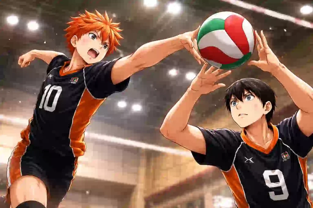 試合中のコートで、影山飛雄がチームメイトへトスを送り、周囲の選手が連動して動いている場面