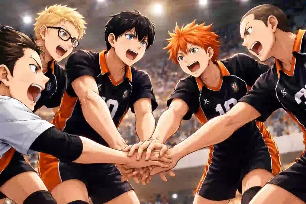 試合後のコートで、影山飛雄と日向翔陽を中心に烏野メンバーが集まっている場面