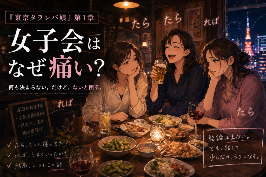 東京タラレバ娘の女子会をイメージした、夜の店で集まる倫子・香・小雪のような3人の女性