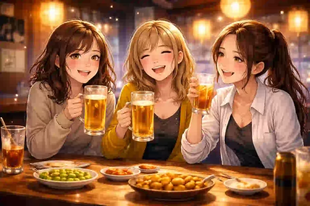 居酒屋で談笑する女性たちとその空気を象徴するイメージ