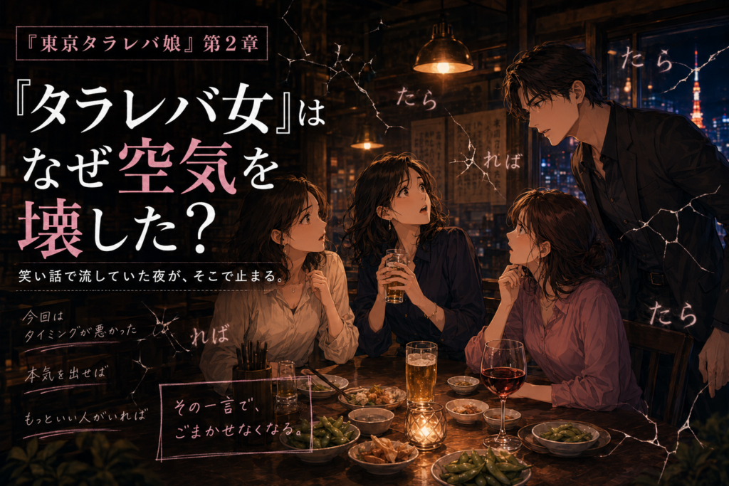 東京タラレバ娘のKEYの『タラレバ女』発言で女子会の空気が揺れる場面をイメージしたイラスト