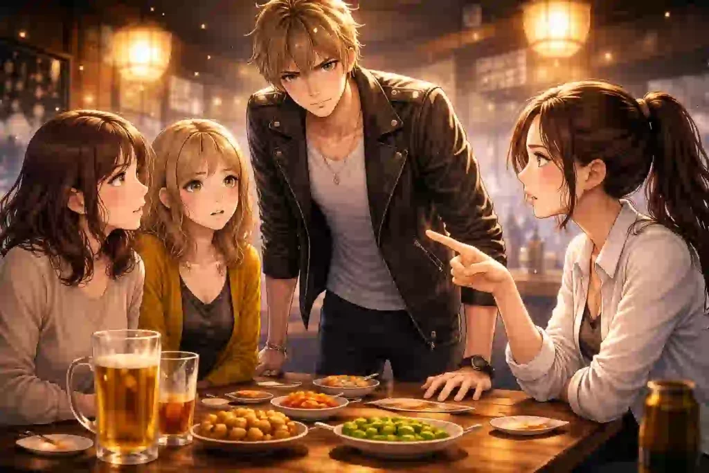 女性たちに厳しい言葉を投げかける若い男性のイメージ