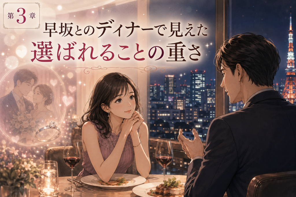 東京タラレバ娘の早坂とのディナーをイメージした、期待とすれ違いが漂う夜のレストランの男女