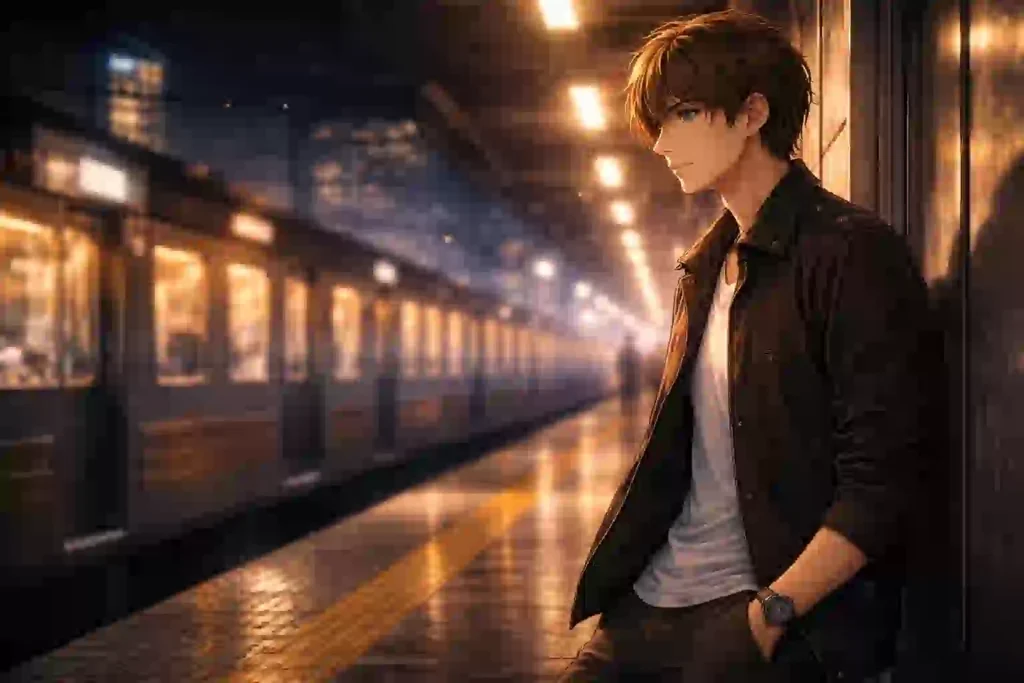 夜の駅で一人立ち止まり現実を考える若い男性のイメージ