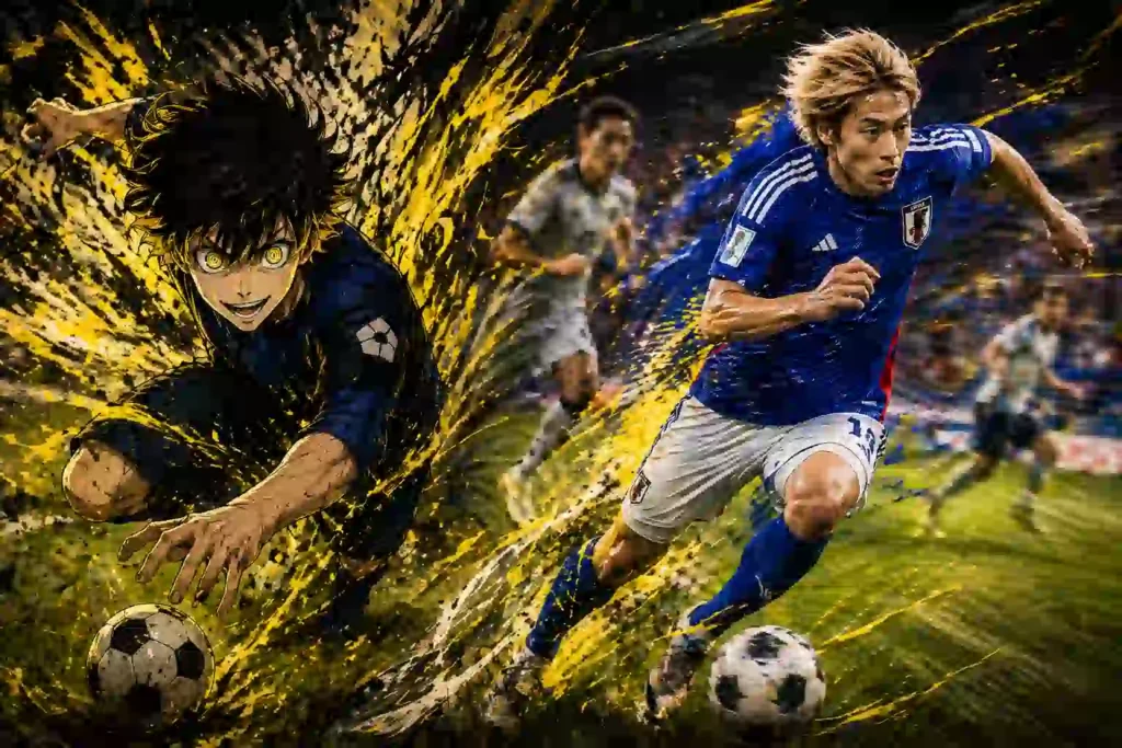 伊東純也の右サイド突破を想起させる選手と蜂楽廻のドリブルを対比したサッカーイメージ