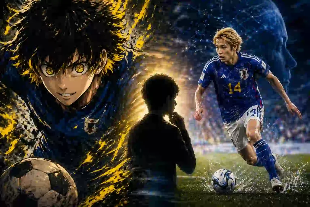 勝負の中で遊びを捨てない蜂楽廻と右サイドを駆け上がる日本代表風選手のイメージ