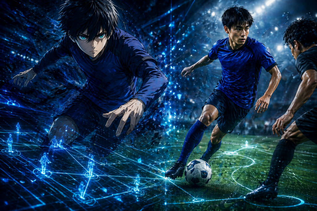 潔世一のメタ・ビジョンをイメージした青い視線とサッカー選手の疾走シーン