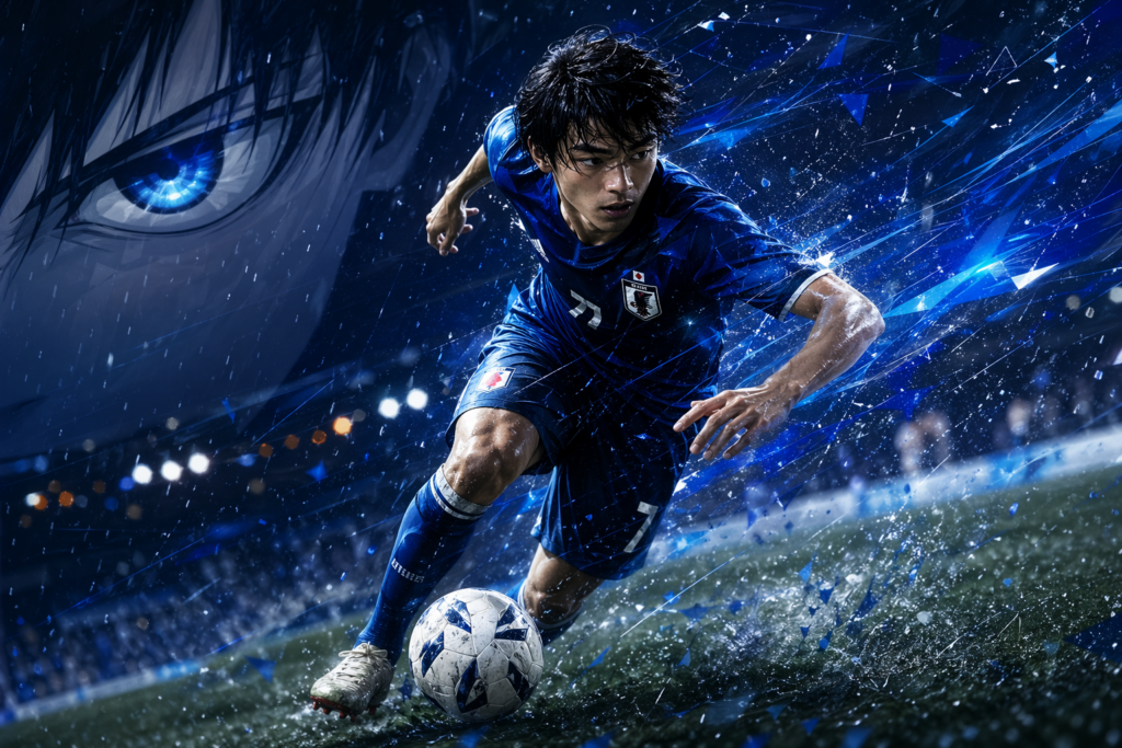 三笘薫のドリブル研究をイメージした雨のピッチでボールを運ぶ青いユニフォームの選手