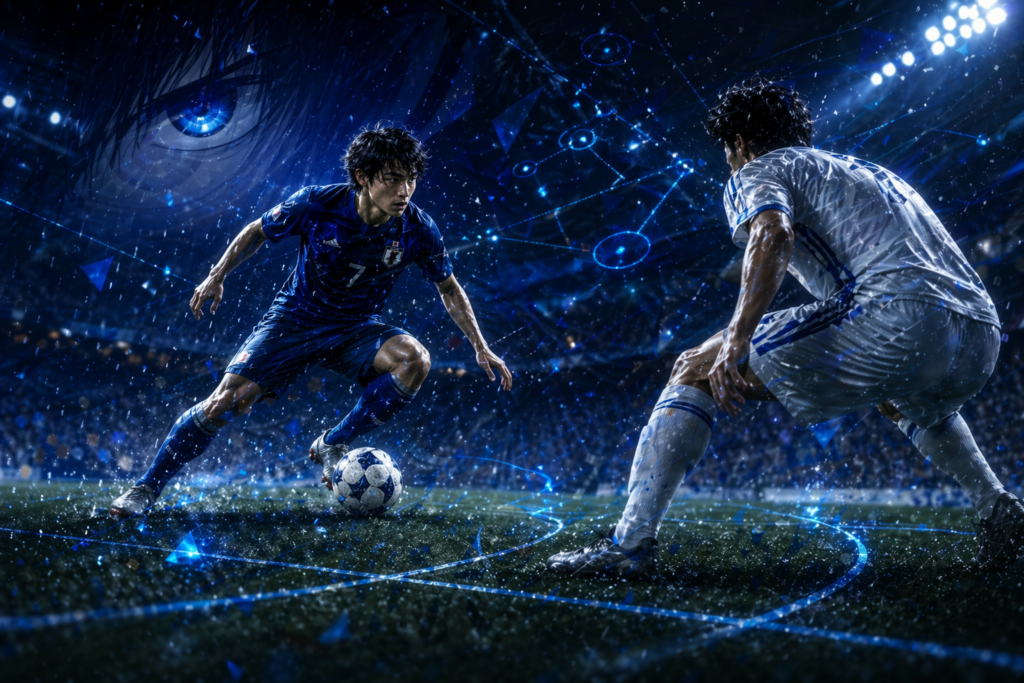 三笘薫の抜く前の静けさと潔世一のメタ・ビジョンが重なる一対一のサッカーシーン