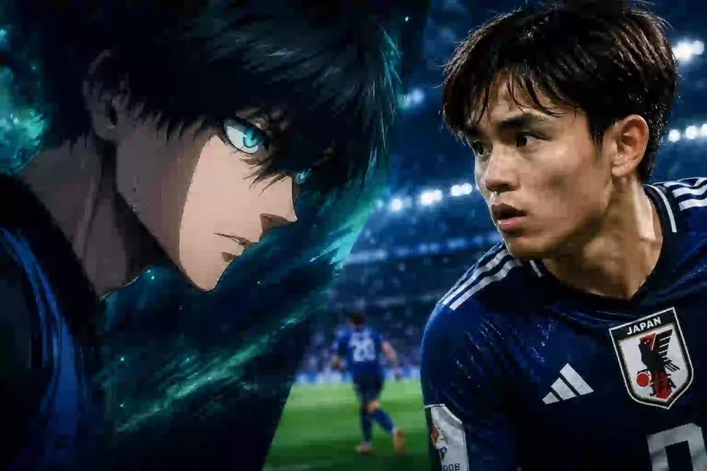 ブルーロックの糸師凛を思わせる青い瞳の選手と日本代表風の選手が向かい合うサッカー場のイメージ