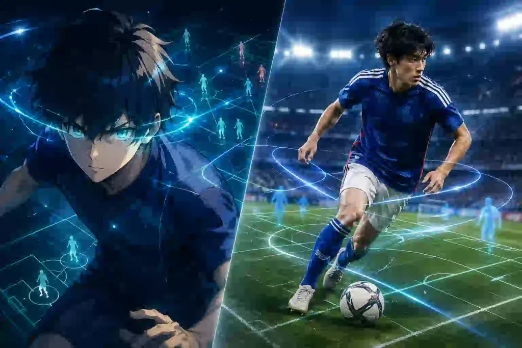 青い戦術ラインが広がるピッチで糸師凛風の選手と久保建英を思わせる選手が対比されるサッカーイメージ