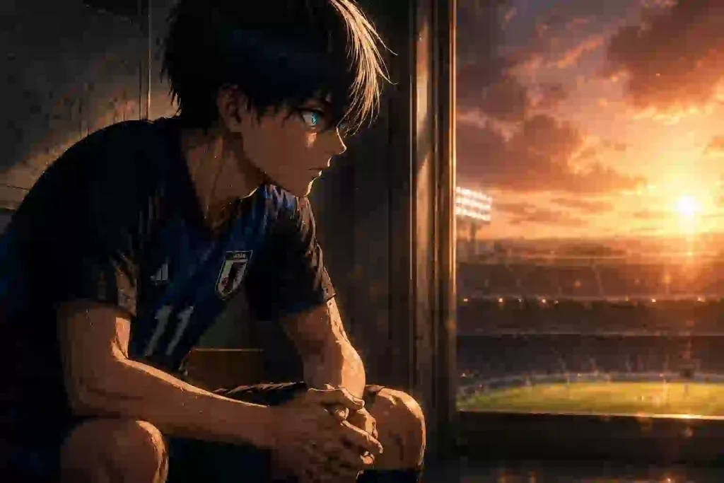 試合後のロッカールームで夕焼けのスタジアムを見つめる日本代表風の若いサッカー選手