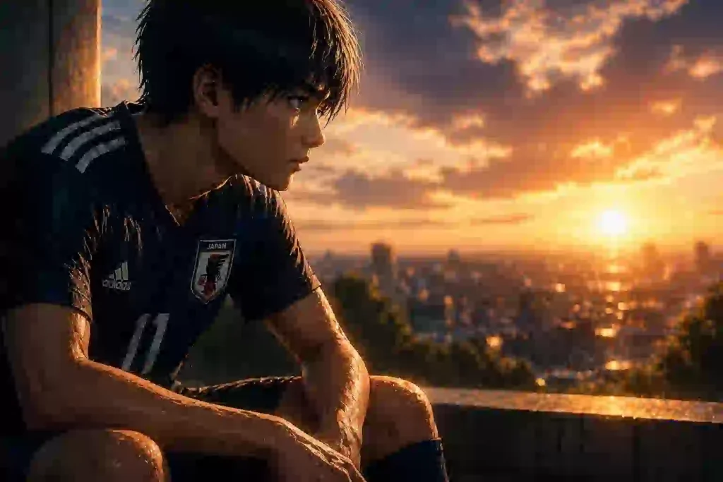 夕焼けの街を背景に試合後の悔しさを抱えて座る日本代表風のサッカー選手