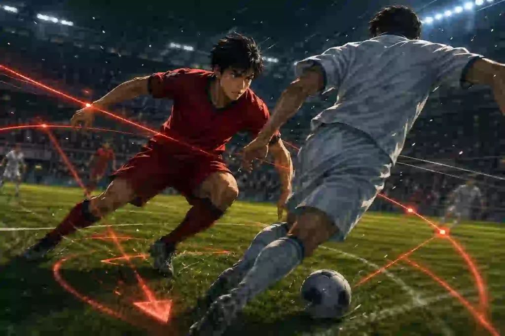 赤いユニフォームの選手が相手の前進ルートを先に塞ぐ佐野海舟考察用アイキャッチ