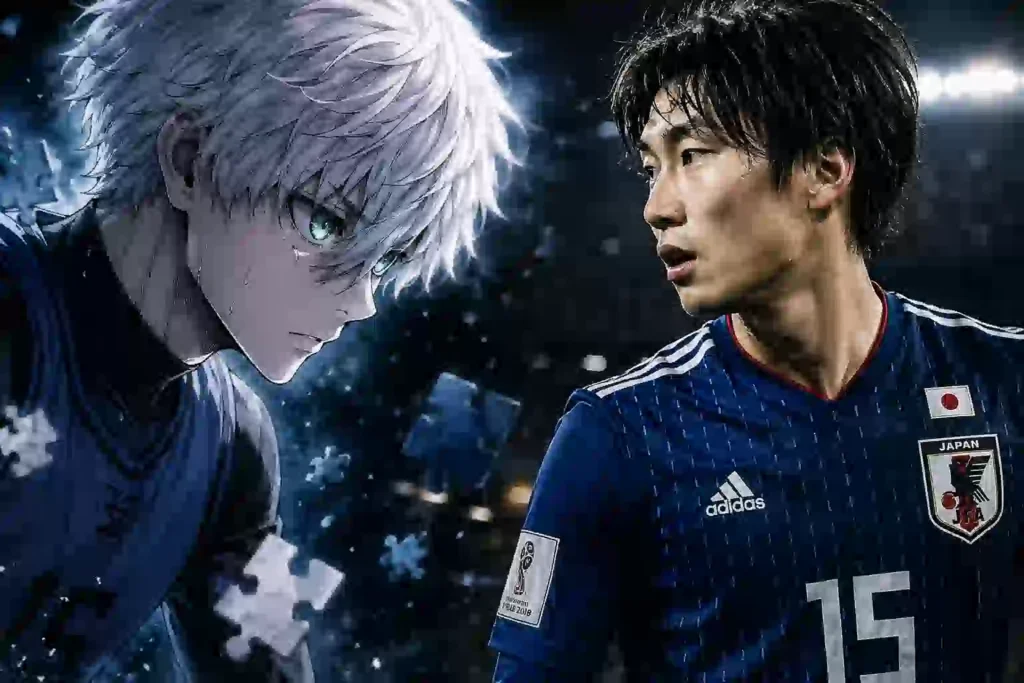凪誠士郎を思わせるアニメ風選手と鎌田大地を思わせる日本代表風選手が青いスタジアムで対峙するアイキャッチ