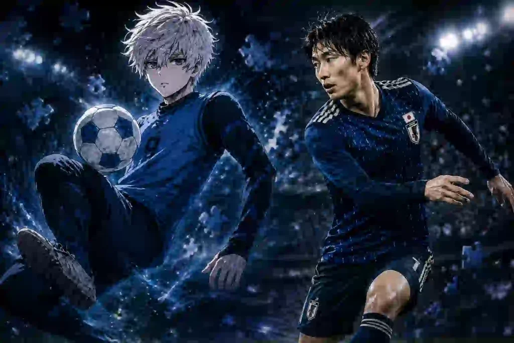 青い光の中でボールを操る凪誠士郎風のアニメ選手と走り出す鎌田大地風の選手を並べたアイキャッチ