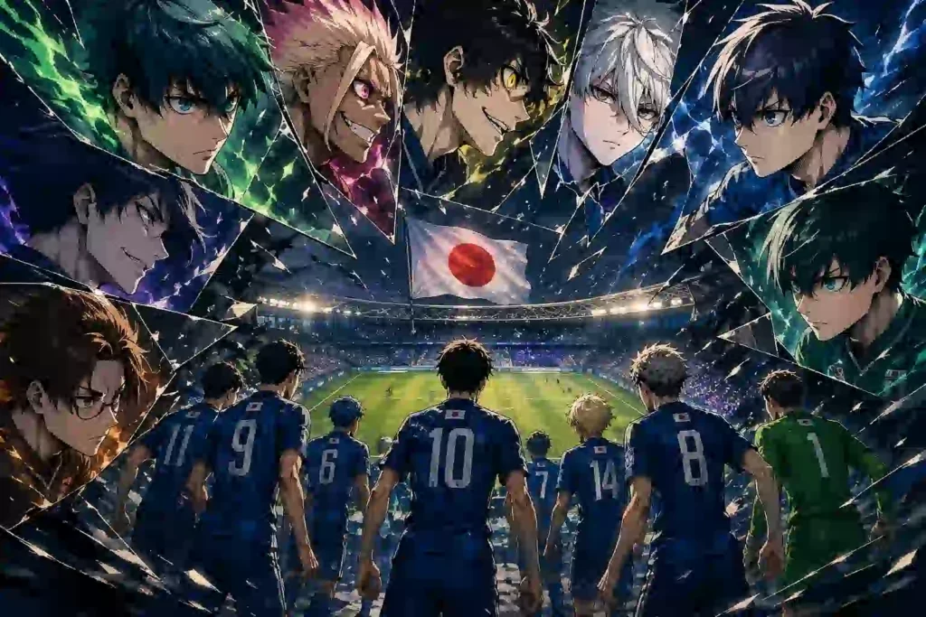 ブルーロックキャラ一覧と日本代表選手対応表をイメージした青いスタジアムと選手たち
