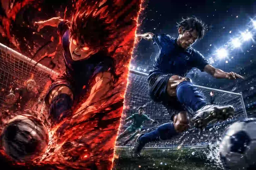 ブルーロックのエゴと日本代表選手のゴールへの爆発力を重ねたサッカーイメージ