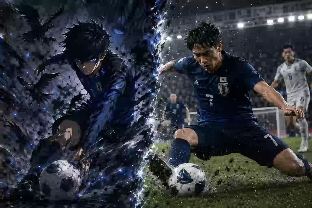 ブルーロックキャラの武器と日本代表選手のプレーが交差する激しいサッカー対決イメージ