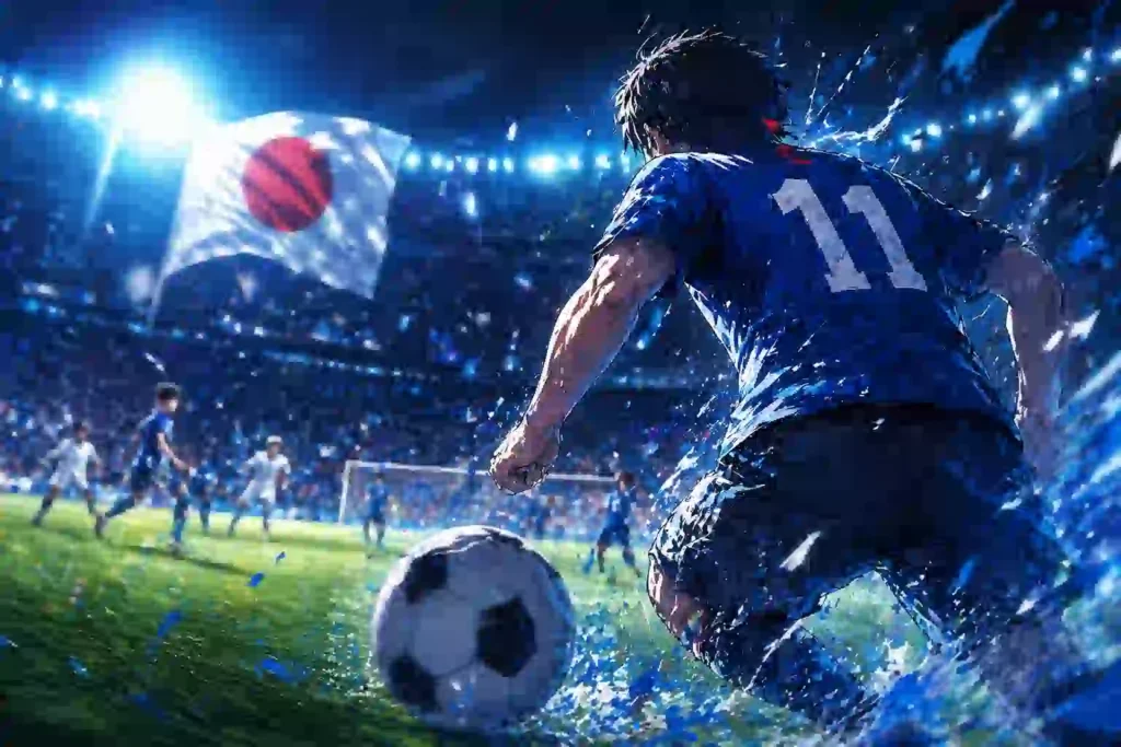 日本代表の選手がW杯の舞台へ向かうブルーロック的なエゴと武器のイメージ