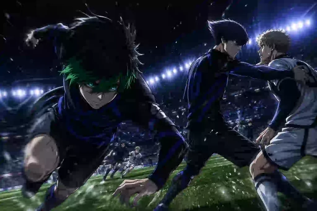 烏に意識が向いた隙に、緑の前髪の乙夜が背後のスペースへ抜ける瞬間を描いたサッカーイラスト